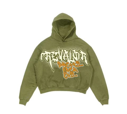 Olive green acid washed Prevail over evil hoodie